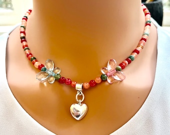 Mixed Gemstone Necklace for Girls, Butterfly Choker Necklace for Daughter, Silver Heart Pendant Necklace for Kid, Christmas Gift Ideas Teen