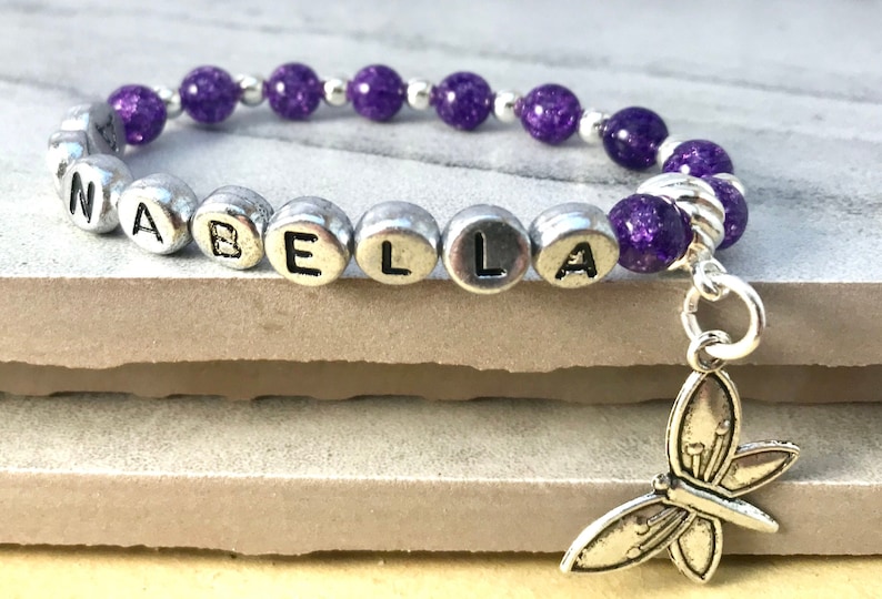 Name Bracelets Beaded, Initial Bracelet for Women, Custom Charm Bracelet for Girls, Purple Quartz Crystal Beads, Mothers Day Gift Bracelets image 1