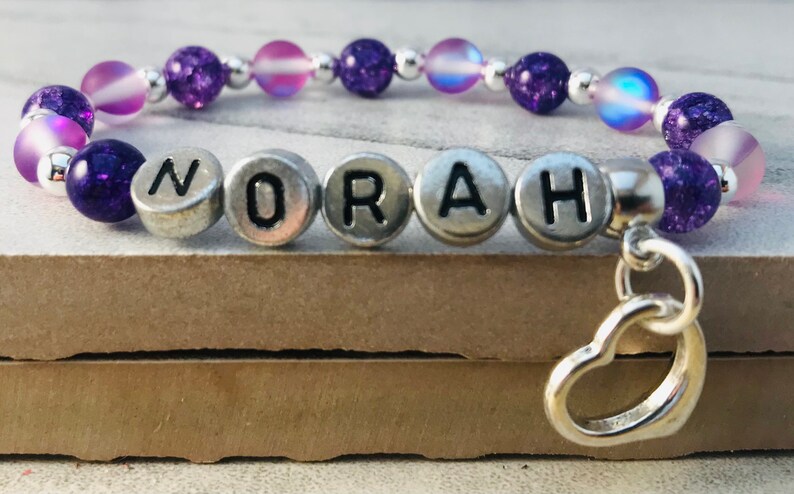 Name Bracelets Beaded, Initial Bracelet for Women, Custom Charm Bracelet for Girls, Purple Quartz Crystal Beads, Mothers Day Gift Bracelets image 3