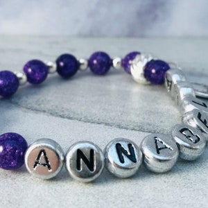 Name Bracelets Beaded, Initial Bracelet for Women, Custom Charm Bracelet for Girls, Purple Quartz Crystal Beads, Mothers Day Gift Bracelets image 8