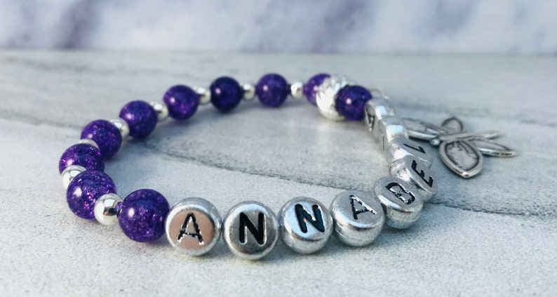 Name Bracelets Beaded, Initial Bracelet for Women, Custom Charm Bracelet for Girls, Purple Quartz Crystal Beads, Mothers Day Gift Bracelets image 8