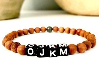 Personalized Name Bracelet Gender Neutral, Custom Initial Bracelet, Sandalwood Bead Bracelet for Men, Wood Anniversary Gift, Christmas Gift