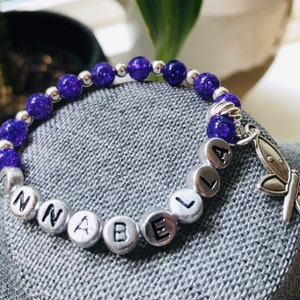Name Bracelets Beaded, Initial Bracelet for Women, Custom Charm Bracelet for Girls, Purple Quartz Crystal Beads, Mothers Day Gift Bracelets image 4