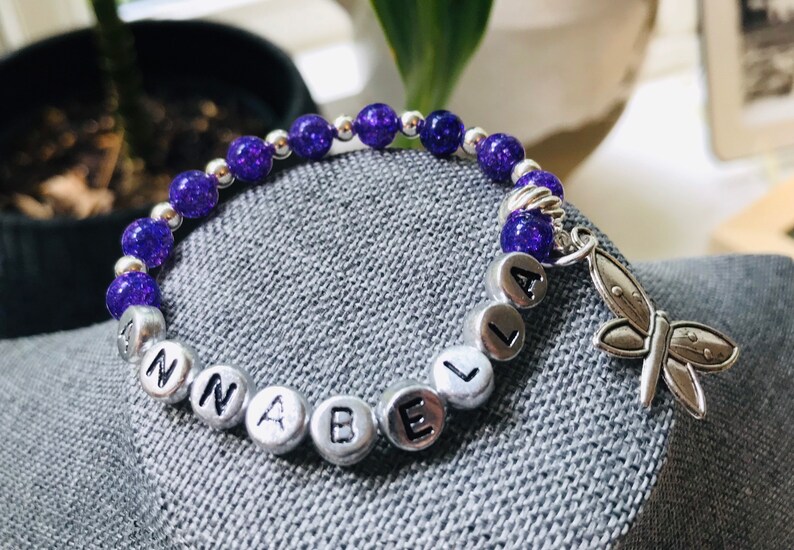 Name Bracelets Beaded, Initial Bracelet for Women, Custom Charm Bracelet for Girls, Purple Quartz Crystal Beads, Mothers Day Gift Bracelets image 4