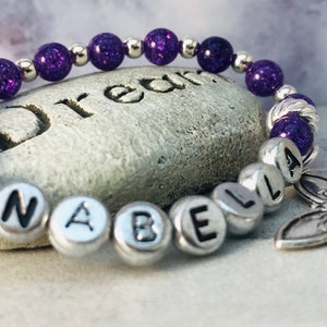 Name Bracelets Beaded, Initial Bracelet for Women, Custom Charm Bracelet for Girls, Purple Quartz Crystal Beads, Mothers Day Gift Bracelets image 7