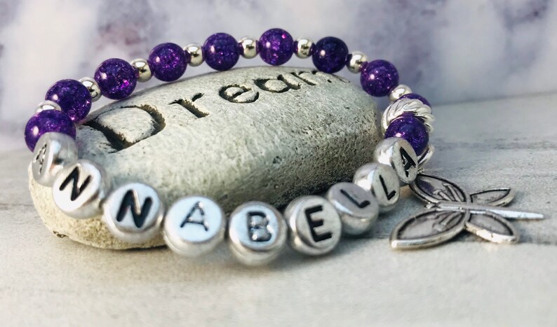 Name Bracelets Beaded, Initial Bracelet for Women, Custom Charm Bracelet for Girls, Purple Quartz Crystal Beads, Mothers Day Gift Bracelets image 7