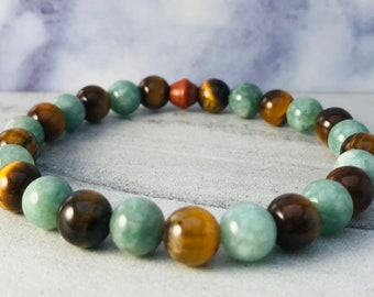 Tigers Eye Beaded Bracelet Elastic, Green Jade Bracelet, Mixed Gemstone Bracelet for Women, Root Chakra Bracelet, Christmas Gift Jewelry Her