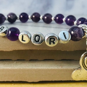 Name Bracelets Beaded, Initial Bracelet for Women, Custom Charm Bracelet for Girls, Purple Quartz Crystal Beads, Mothers Day Gift Bracelets image 2