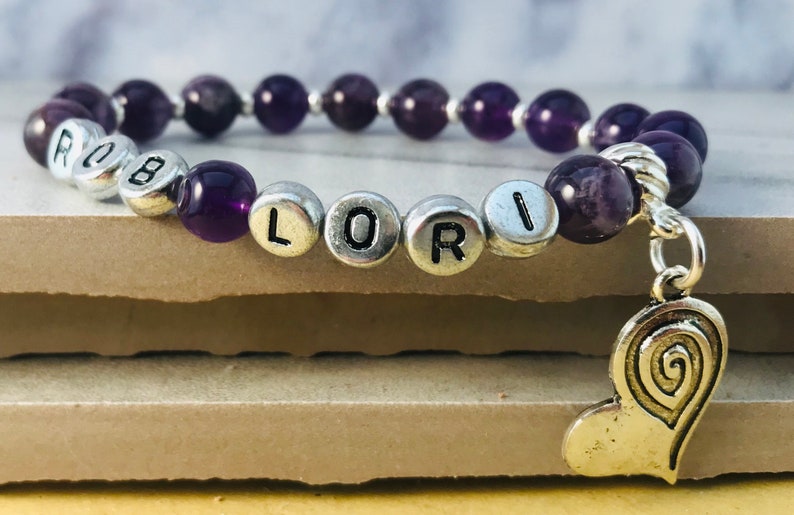 Name Bracelets Beaded, Initial Bracelet for Women, Custom Charm Bracelet for Girls, Purple Quartz Crystal Beads, Mothers Day Gift Bracelets image 2