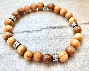 Olive Wood and Silver Bead Bracelet for Men, Wood Jewelry Bracelet for Women, Spiritual Gifts for Boyfriend, Father’s Day Gift for Dad