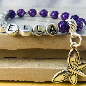 Name Bracelets Beaded, Initial Bracelet for Women, Custom Charm Bracelet for Girls, Purple Quartz Crystal Beads, Mothers Day Gift Bracelets image 6