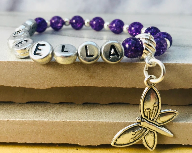 Name Bracelets Beaded, Initial Bracelet for Women, Custom Charm Bracelet for Girls, Purple Quartz Crystal Beads, Mothers Day Gift Bracelets image 6