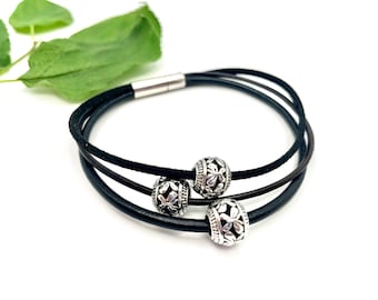 Custom Leather Bracelet for Women, Black Leather Jewelry For Girlfriend, Leather and Silver Wrap Bracelet, Valentines Gifts for Daughter