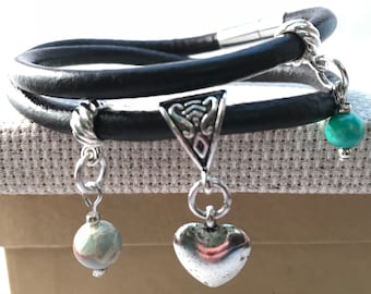 Leather and Silver Charm Bracelets Women, Leather and Gemstone, Leather Beaded Wrap Bracelet, Personalized Leather Gift, Valentine’s Day