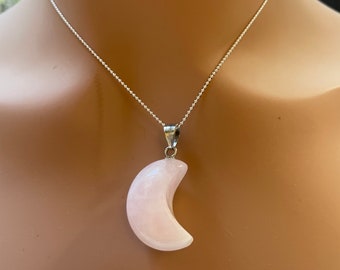 Rose Quartz Necklace Sterling Silver for Women, Crescent Moon Pendant Chain Necklace Daughter, Christmas Jewelry Gift, Stocking Stuffers