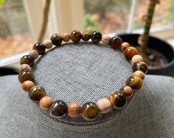 Olive Wood Bead Bracelet for Him, Tigers Eye Bead Bracelet for Men, Father's Day Gift Bracelet for Husband, Protection Jewelry for Women