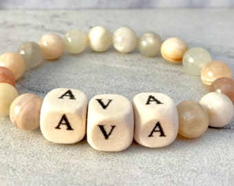 Personalized Name Bracelets Beaded, Moonstone Bracelet Women, Custom Wood Bead Bracelet, June Birthstone Jewelry, Mother’s Day Gift Unique