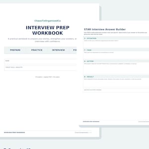 Peut inclure: Un cahier de préparation aux entretiens de 16 pages en format imprimé et numérique. Il comprend un constructeur de réponses STAR, des questions courantes, des recherches sur l'entreprise, des notes et un planificateur. Texte : ChaosToOrganizedCo.