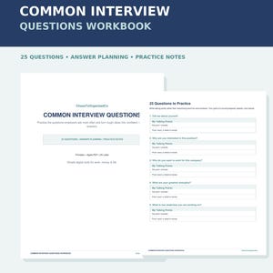 Peut inclure: Un cahier d'exercices sur les questions d'entretien courantes comprenant 25 questions, des sections de planification de réponses et des notes de pratique. Le document inclut une liste de pratique avec des sujets comme se présenter, forces, faiblesses.