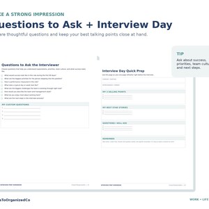 Może przedstawiać: Dwustronicowy skoroszyt przygotowujący do rozmowy kwalifikacyjnej zatytułowany Questions to Ask + Interview Day. Układ zawiera sekcje na pytania do osoby przeprowadzającej rozmowę, szybkie przygotowanie, atuty oraz pola niestandardowe.