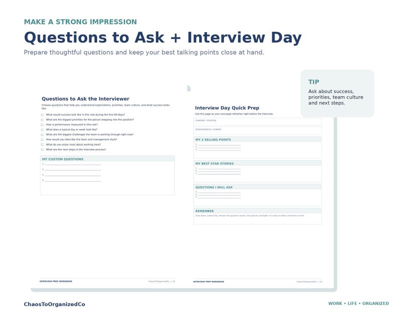Może przedstawiać: Dwustronicowy skoroszyt przygotowujący do rozmowy kwalifikacyjnej zatytułowany Questions to Ask + Interview Day. Układ zawiera sekcje na pytania do osoby przeprowadzającej rozmowę, szybkie przygotowanie, atuty oraz pola niestandardowe.