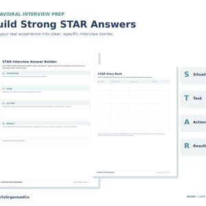 Może przedstawiać: Skoroszyt przygotowujący do rozm&oacute;w kwalifikacyjnych zatytułowany Build Strong STAR Answers. Zawiera szablon STAR Interview Answer Builder z sekcjami Situation, Task, Action i Result, a także tabelę STAR Story Bank oraz pionowe etykiety STAR.