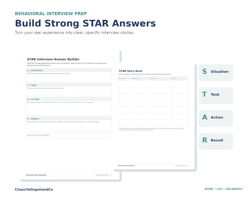 Może przedstawiać: Skoroszyt przygotowujący do rozm&oacute;w kwalifikacyjnych zatytułowany Build Strong STAR Answers. Zawiera szablon STAR Interview Answer Builder z sekcjami Situation, Task, Action i Result, a także tabelę STAR Story Bank oraz pionowe etykiety STAR.