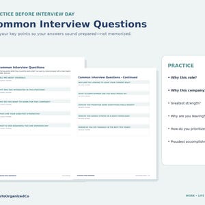 Może przedstawiać: Dwustronicowy zeszyt ćwiczeń do przygotowania do rozmowy kwalifikacyjnej zatytułowany Common Interview Questions z sekcjami do planowania odpowiedzi na pytania takie jak Tell me about yourself oraz listą ćwiczeń po prawej.