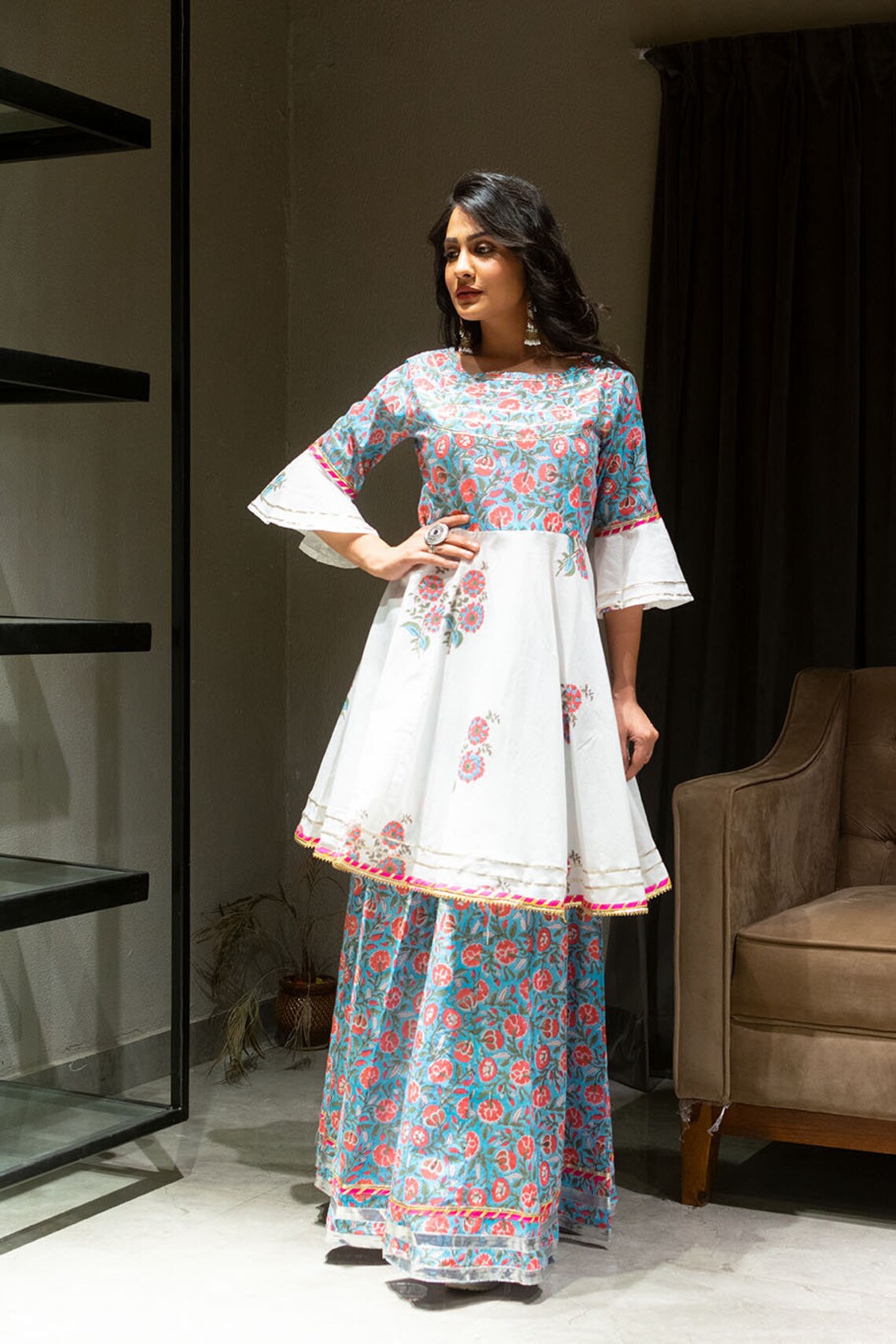 Cotton Silk Block Print Anarkali Suit