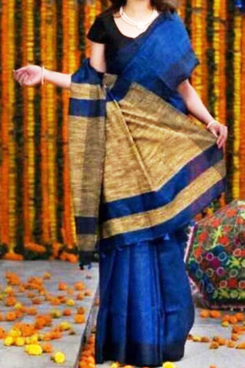 Dark Blue Linen Saree With Gicha Pallu from Yes!poho