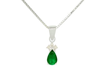 Small Teardrop Natural Emerald and Diamond Pendant Necklace in 18K White Gold, May Birthstone Jewelry, Green Pendant, Pear Shape Pendant