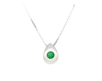 Teardrop Solitaire Emerald Necklace in White Gold Bezel Set with Round Cut Natural Colombian Emerald, May Birthstone Necklace, Real Emeralds