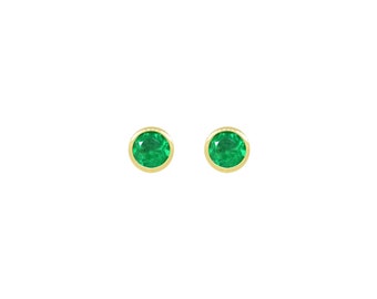 18K Gold Emerald Stud Earrings, Bezel Set, May Birthstone