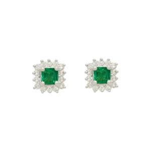 Small Cluster Emerald Earrings in White Gold, Real Emerald Cut Emerald and Round Diamonds Stud Earrings, Deep Green Top Quality Emeralds