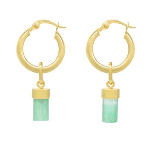 Uncut Natural Colombian Emerald Hoop Earrings in 18K Gold, Raw Green Emeralds in Dangling Drop Earrings, May Birthstone Jewelry, Raw Crystal