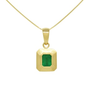 Emerald Cut Natural Colombian Emerald, Solid 18K Gold Solitaire Pendant Necklace, Brushed Matte Finish, May Birthstone Jewelry, Green Gem