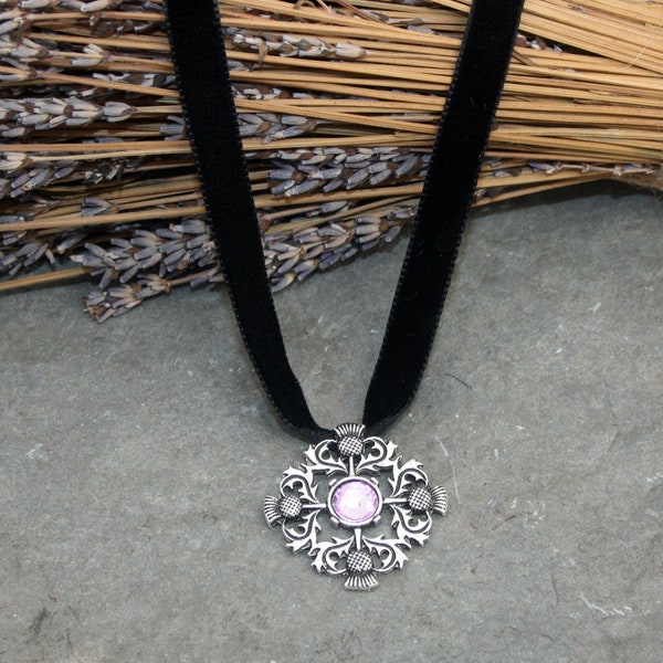 Scottish Thistle Necklace with Tartan or Velvet Ribbon • Outlander Necklace • Outlander Jewelry • Outlander Necklace • Ref 1074