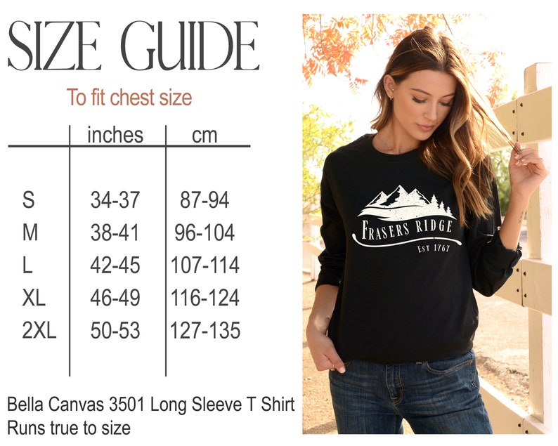 May include: Size chart for a Bella Canvas 3501 long sleeve t-shirt. The chart shows chest sizes in inches and centimeters for sizes S, M, L, XL, and 2XL. The text "Runs true to size" is below the chart.