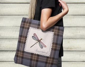 Sac fourre-tout Sassenach libellule avec fond tartan. Choix de 3 tailles