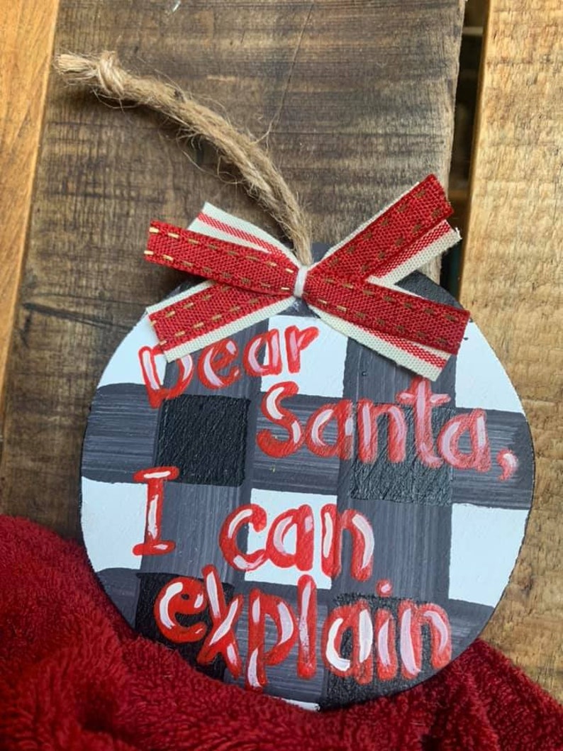 Handmade Black /& White Buffalo Plaid Christmas Ornament Santa Reclaimed Wood Rustic Old Fashioned Jute Holiday Ribbon Farmhouse Red Round