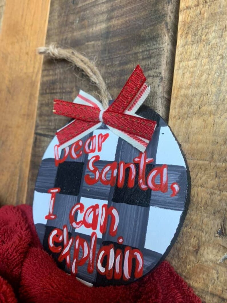 Handmade Black /& White Buffalo Plaid Christmas Ornament Santa Reclaimed Wood Rustic Old Fashioned Jute Holiday Ribbon Farmhouse Red Round