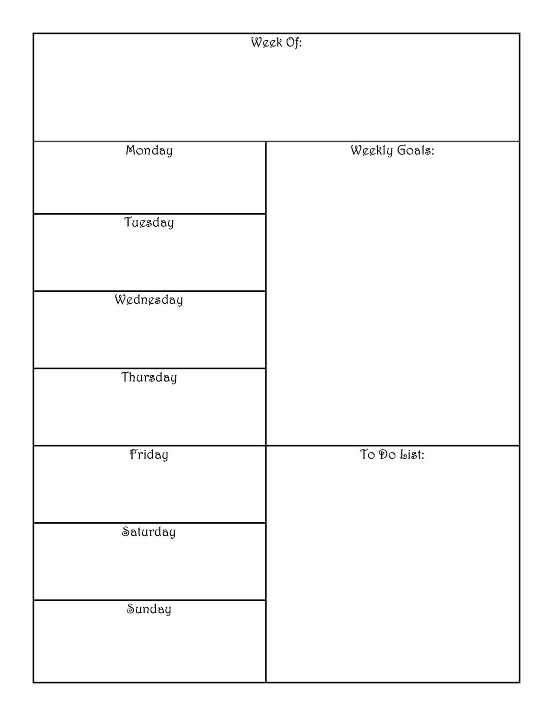 Weekly Calendar Weekly Layout Printable Calendar Digital Download