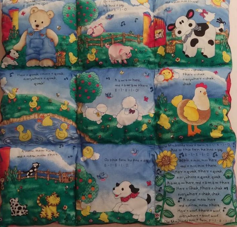 Old McDonald Song Lyrics Puff Quilt Crib Baby Kids Toddler CottonFlannel Blanket Handmade Designer Inspired 25x25