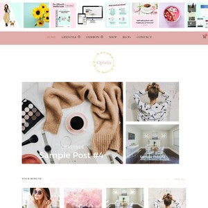 May include: A lifestyle blog website with a header image featuring a cup of coffee, a makeup palette, and a brown sweater. The website has a menu with links to home, lifestyle, fashion, shop, blog, and contact. The website also has a search bar and a shopping cart icon.