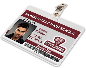 May include: A white plastic ID card with a red and white logo that says "CYCLONES" and a tornado graphic. The card has the text "BEACON HILLS HIGH SCHOOL" and "STUDENT". The card also has a photo of a person, the text "Grade: SENIOR", "ID NO. BH-38415", and "Derek Hale".