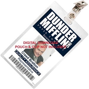 May include: A white plastic ID card holder with a blue and white Dunder Mifflin logo. The card holder has a clear plastic window to display an ID card. The text "DIGITAL DOWNLOAD, POUCH & CLIP NOT INCLUDED" is printed on the card holder.
