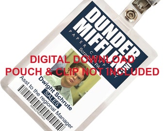 The Office, Dwight Schrute, Insignia de tarjeta de identificación de Dunder Mifflin, Etiqueta de nombre, para cosplay de disfraces, DESCARGA DE IMAGEN