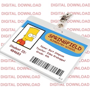 Bart Simpson, of The Simpsons, Springfield Elementary School ID Card, Badge, Name Tag, for Cosplay Costume, Digital IMAGE DOWNLOAD