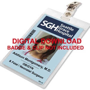 Grey&#39;s Anatomy, Addison Montgomery, Sloan Memorial Hospital ID Card Badge, Name Tag, for Costume Cosplay, IMAGE DOWNLOAD