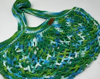 Green Crochet Market Bag | Handmade Cotton Reusable Shopping Tote
